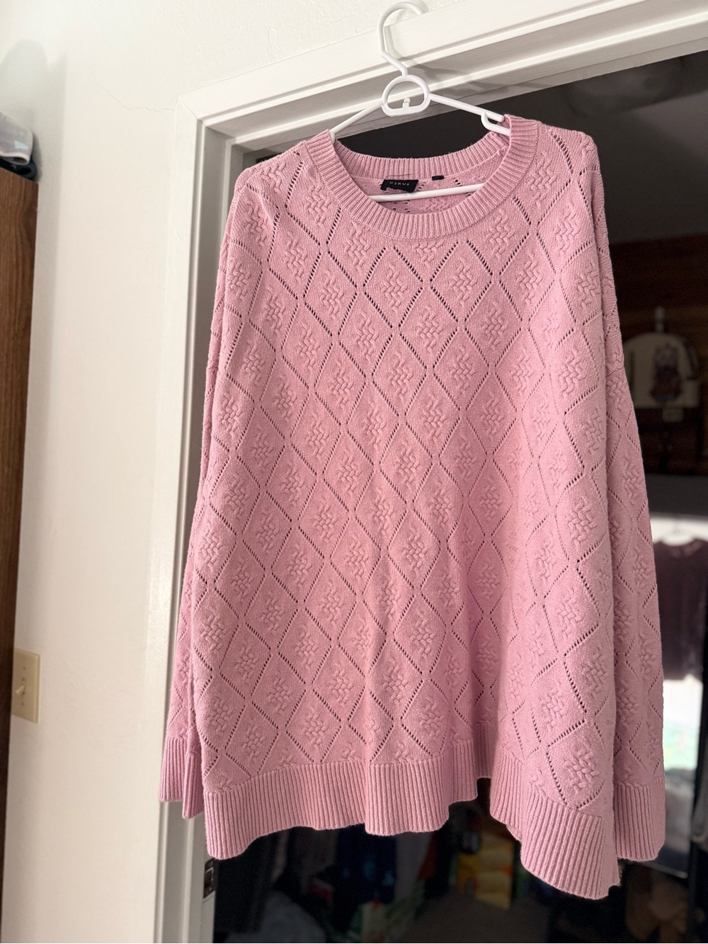 Cyrus Pink Diamond-Knit Crewneck Sweater